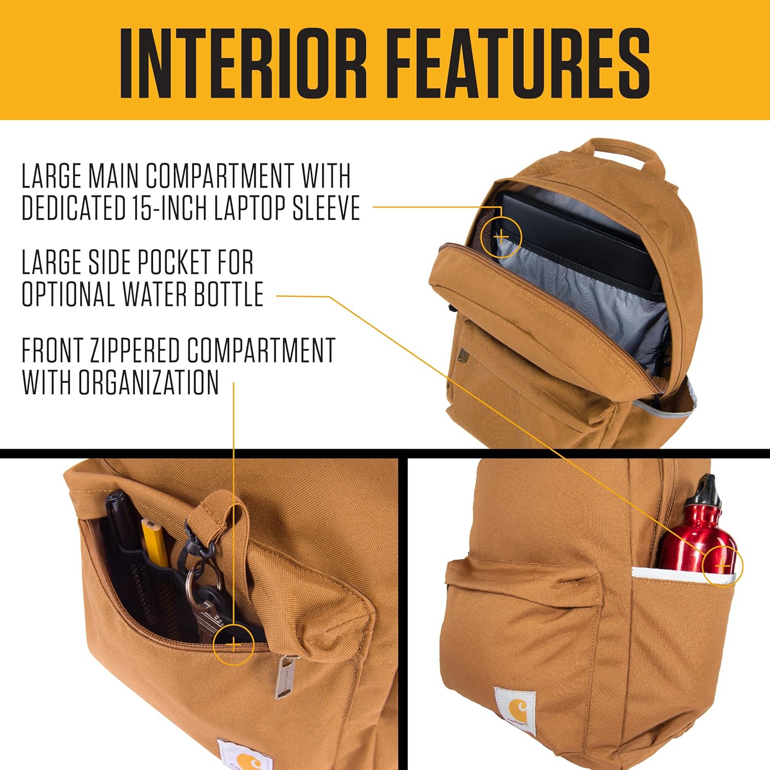 Carhartt 21L Classic Backpack, Water-Resistant Pack W/ 15" Laptop Sleeve and Organizational Compartments, Brown, PFAS Free - Image 3